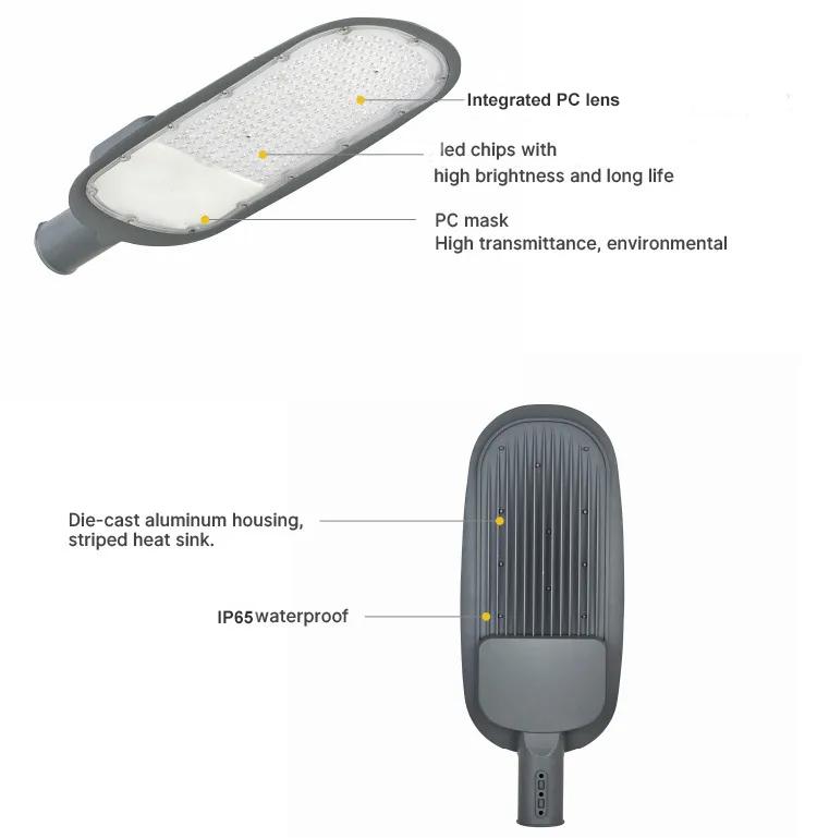 led street light 30w/50w/100w/150w/200w waterproof ip65 for road with die cast aluminum and pc lens